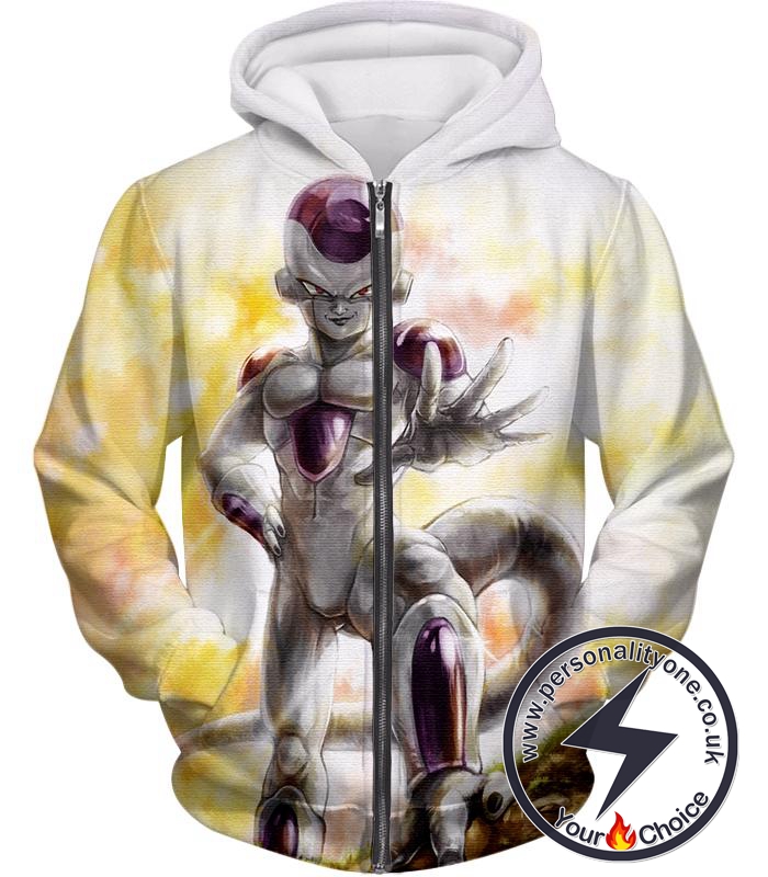 Dragon Ball Super Full Form Frieza Dangerous Villain Awesome Promo White Zip Up Hoodie